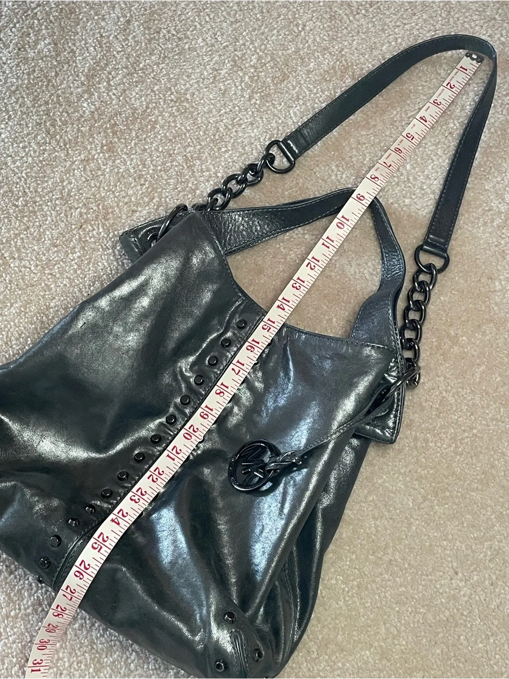 Michael Kors Camden Grommet Leather Hobo Bag Gunmetal Metallic Gray